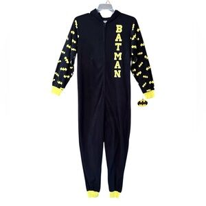Batman Hooded Black Onesie Union Suit Pajamas Bat Logo Fleece Sleepwear M NWT